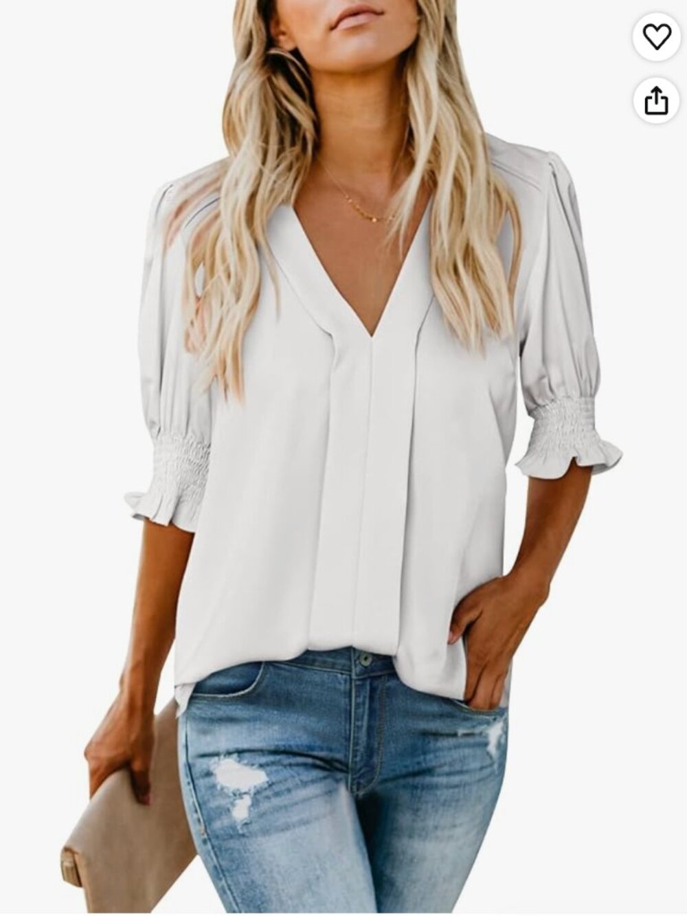 EVALESS V Neck Blouses for Women Dressy Casual Summer Puff Ruffle Short Sleeve S